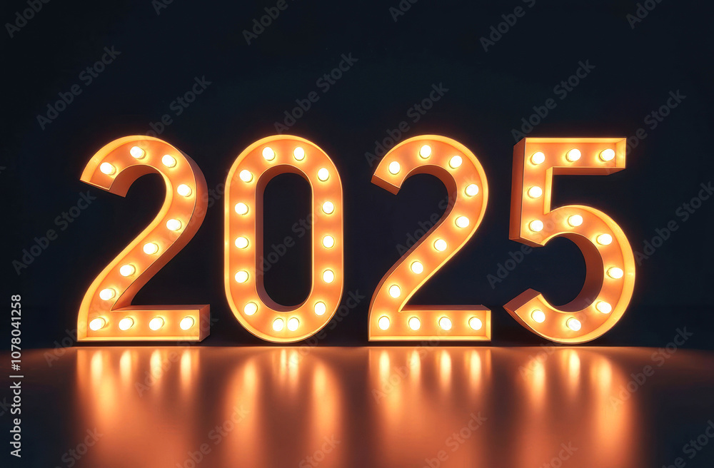 Illuminated 2025 numbers reflecting future celebration and festivity Illuminated 2025 numbers reflecting future celebration and festivity