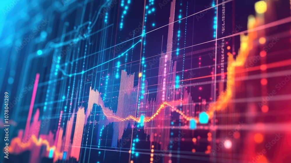 Fototapeta premium A close-up of a digital screen displaying a colorful graph with lines and dots, representing data, trends, or fluctuations.