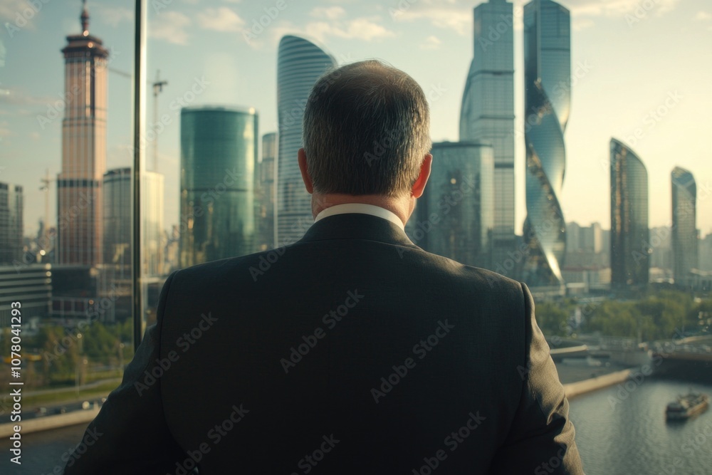Fototapeta premium Business leader analyzes urban landscape from high-rise office window to drive strategic decision-making