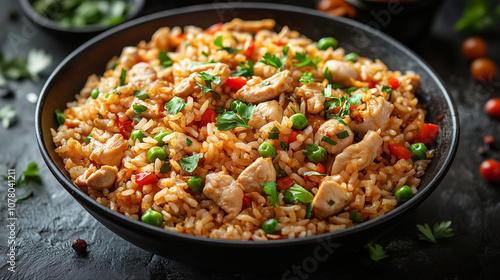 Flavorful chicken fried rice garnished with fresh herbs, served in a rustic bowl at a cozy kitchen setting. 