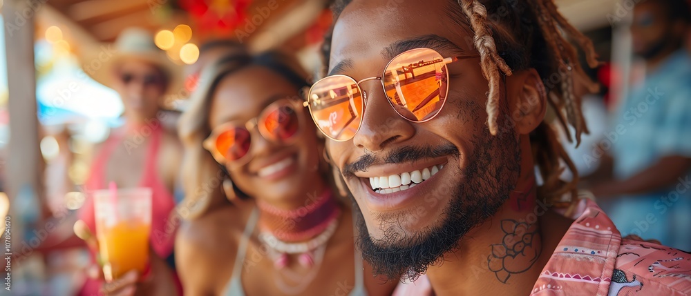 Smiling man with dreadlocks wearing sunglasses with a woman behind him. Smiling man with dreadlocks wearing sunglasses with a woman behind him.