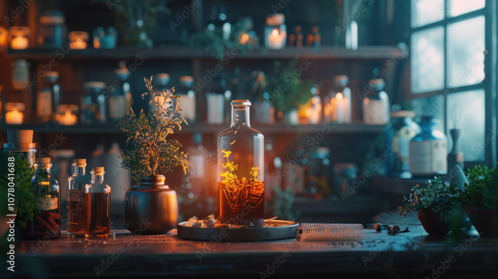 A potion bottle filled with herbs and oils is beautifully lit, resting on a shelf in a witch\'s apothecary, exuding a magical atmosphere A potion bottle filled with herbs and oils is beautifully lit, resting on a shelf in a witch\'s apothecary, exuding a magical atmosphere