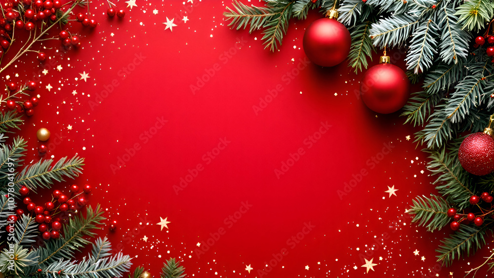 Christmas decoration border with fir branches and golden glitter confetti and sparkles of lights blur bokeh on red background. Bright Christmas and New Year design holiday frame illustration. Christmas decoration border with fir branches and golden glitter confetti and sparkles of lights blur bokeh on red background. Bright Christmas and New Year design holiday frame illustration.