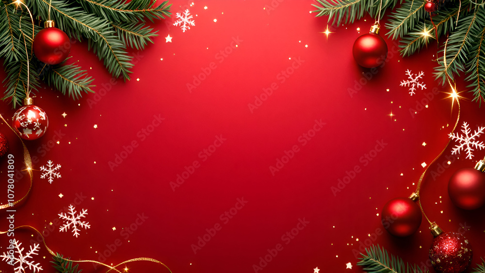 Christmas decoration border with fir branches and golden glitter confetti and sparkles of lights blur bokeh on red background. Bright Christmas and New Year design holiday frame illustration. Christmas decoration border with fir branches and golden glitter confetti and sparkles of lights blur bokeh on red background. Bright Christmas and New Year design holiday frame illustration.