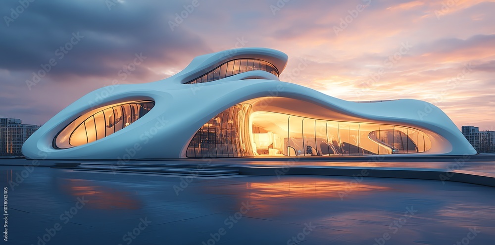 Obraz premium A modern, white, curved building with large windows. The building is lit up from the inside and it appears to be sitting on a body of water at dusk.