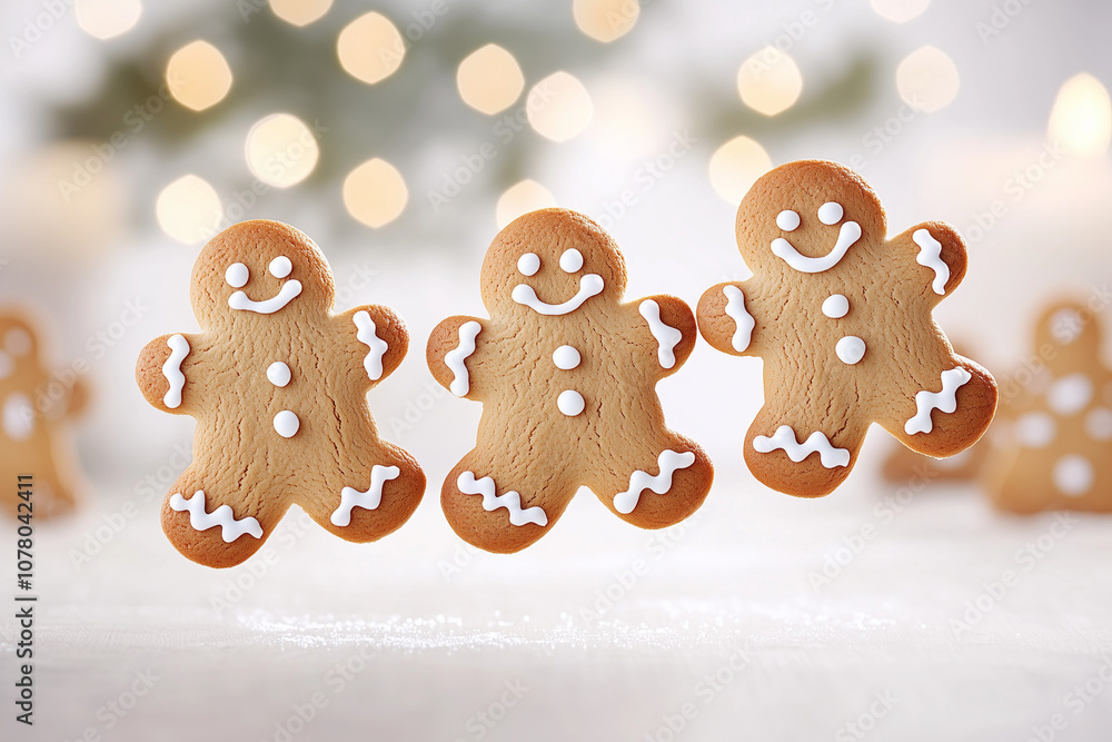 Three gingerbread men are smiling and flying in the air Three gingerbread men are smiling and flying in the air