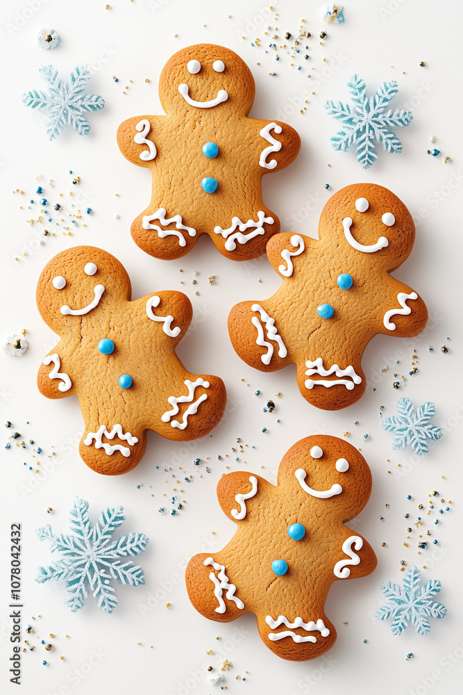 Four gingerbread men are smiling and standing on a white background Four gingerbread men are smiling and standing on a white background