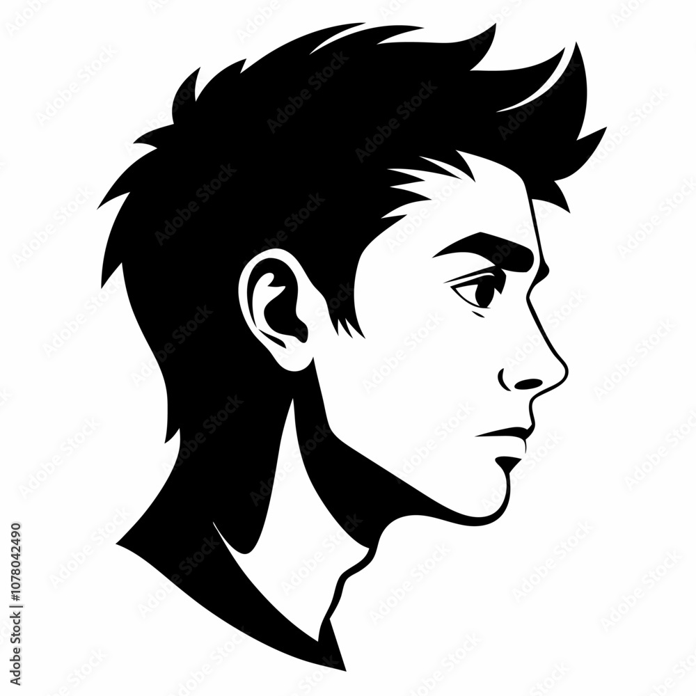 Stylized black silhouette of a young man face in profile view, showcasing side profile details and expressions Stylized black silhouette of a young man face in profile view, showcasing side profile details and expressions