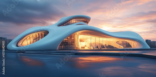 A modern, white, curved building with large windows. The building is lit up from the inside and it appears to be sitting on a body of water at dusk.