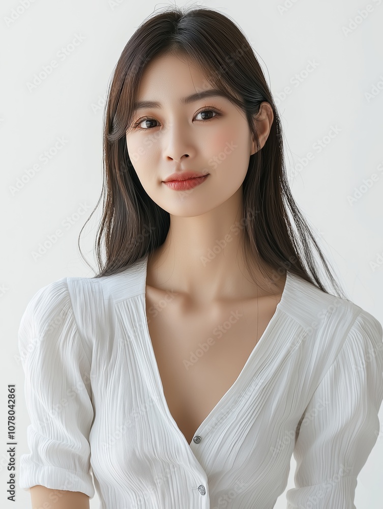 Beautiful woman showcases grace and elegance in a light white blouse for portrait photography Beautiful woman showcases grace and elegance in a light white blouse for portrait photography