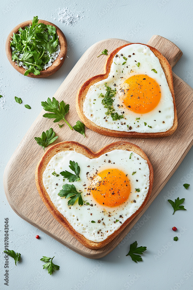 Two eggs are in the center of two slices of toast, with parsley on top Two eggs are in the center of two slices of toast, with parsley on top