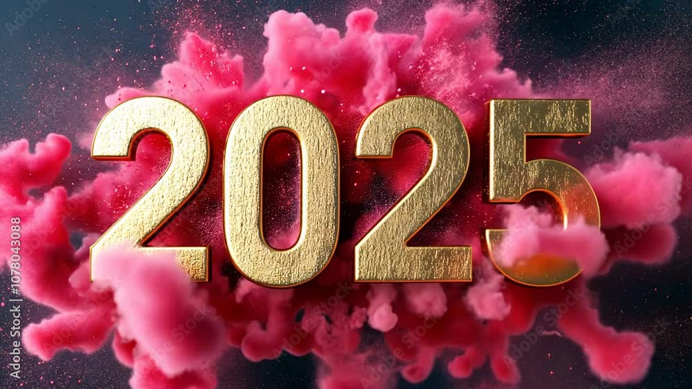 Bold golden 2025 numbers against a dramatic pink smoke explosion background, symbolizing celebration, new beginnings, and the upcoming year.
