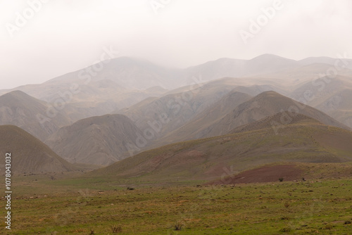 Beautiful green hills in the fog.