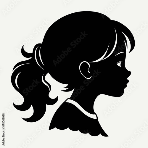 Striking silhouette profile of a young girl's face is captured against a light background, highlighting her ponytail and features. The monochrome image evokes a sense of mystery and simplicity