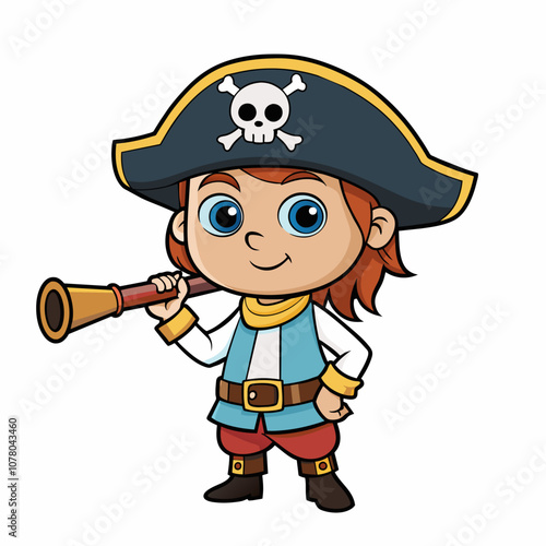 Cheerful young child dressed as a pirate, complete with a spyglass and a skull cap. playful image captures spirit of adventure and imagination, making it perfect for children book and party invitation