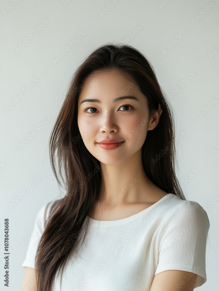 A young woman smiles confidently while posing for a portrait in natural light A young woman smiles confidently while posing for a portrait in natural light