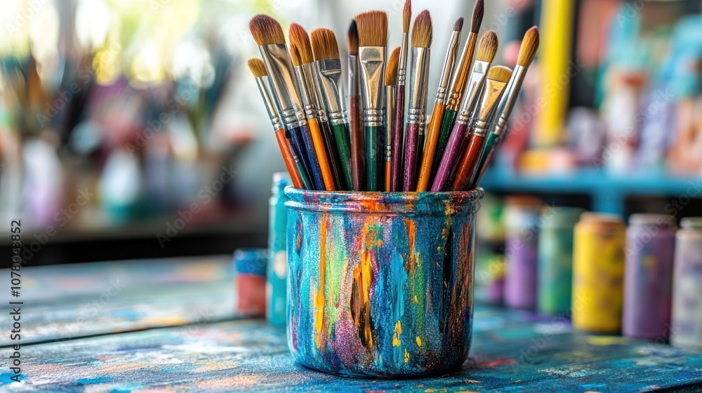 A vibrant collection of paintbrushes in a colorful pot, set in an artistic workspace. A vibrant collection of paintbrushes in a colorful pot, set in an artistic workspace.