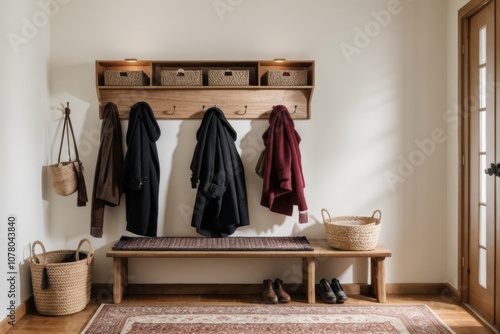 Wallpaper Mural A cozy and organized entryway with a wooden bench, a coat rack Torontodigital.ca
