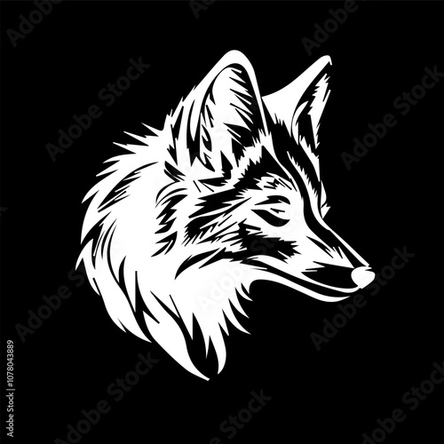 Fox head white silhouette on black background. Isolated vector wild animal icon, decal, sticker or tattoo, mascot of husky, dog, wolf or fox face profile side view. Hunting emblem, wildlife animal