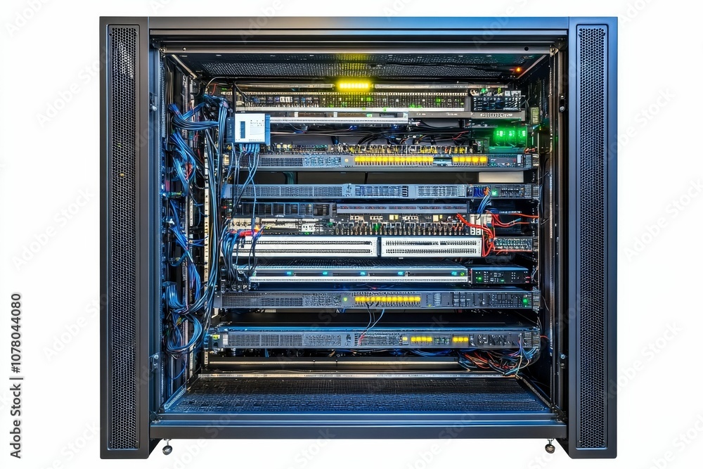 Obraz premium Server rack with multiple interconnected components.