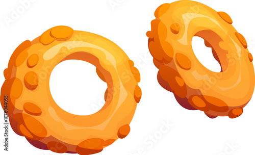 Cartoon onion rings fast food meal. Isolated vector pair of deep fried breaded crispy vegetable circles with golden-brown coating. Fastfood restaurant snack. Cooked tasty appetizer, crunchy snacking