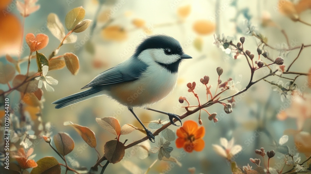 Fototapeta premium A serene bird perched on a branch surrounded by soft flowers in a tranquil setting.