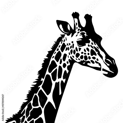 Silhouette of giraffe head and neck black on white background. Vector african animal, concept for savannah safari, tattoo design, isolated icon with giraffe animal face in simple style