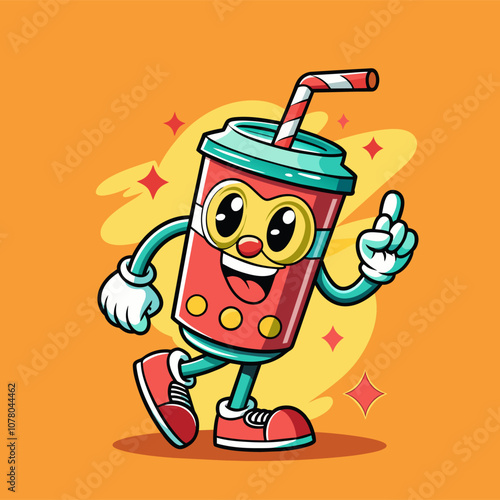 Cartoon groovy soda can character with a big smile, giving a thumbs up Set against a vibrant orange background, the character exudes a fun, playful vibe, perfect for creative and advertising projects