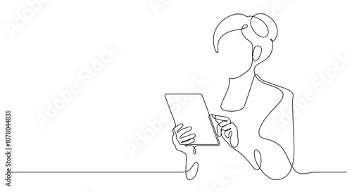 businesswoman using digital tablet portrait posing advertising one line drawing continuous