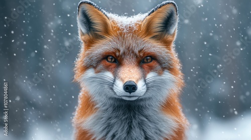 A close-up of a fox in a snowy landscape, showcasing its fur and intense gaze.