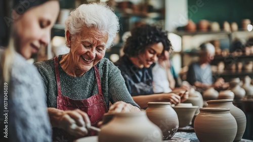 Group of people engaged in pottery making, showcasing creativity and craftsmanship.