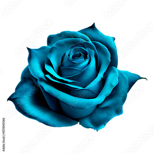 Rose blue bud isolated on white background. Floristics icon, decorative element for postcard, single navy heavenly blue open blossom bud. Mysterious rosa with realistic petals 3d render illustration