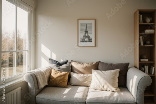 Cozy living room with modern design featuring comfortable armchairs and bookshelves filled with decor and books