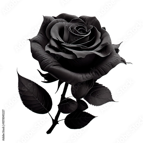 Black rose flower on white background. Isolated vector 3d elegant gothic open rose on stem with leaves. Floristics icon, tattoo, monochrome black and white natural realistic rose blossom