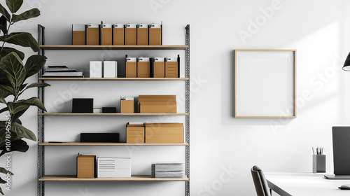 Modern and minimalist office space with wooden shelves displaying organized folders and documents. A desk with stationery is visible, alongside a plant and a blank picture frame on the wall.