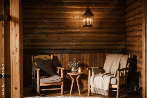 Wallpaper Mural Cozy cabin interior with wooden decor, warm lighting, and mountain view during the winter season Torontodigital.ca