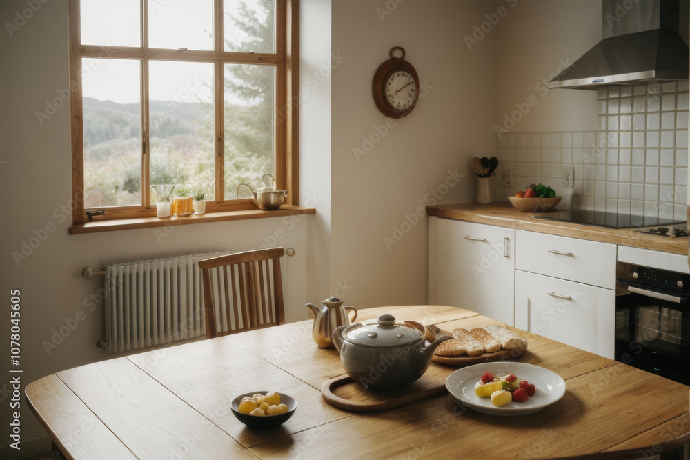 A cozy breakfast table set with coffee, croissants A cozy breakfast table set with coffee, croissants