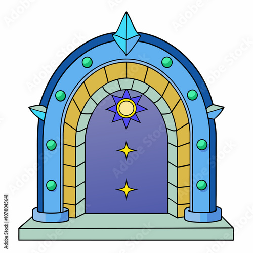 Magic portal fantasy door illustration isolated on white. Colorful magic portal illustration featuring a fantasy door with stars and sun symbols, isolated on white background.