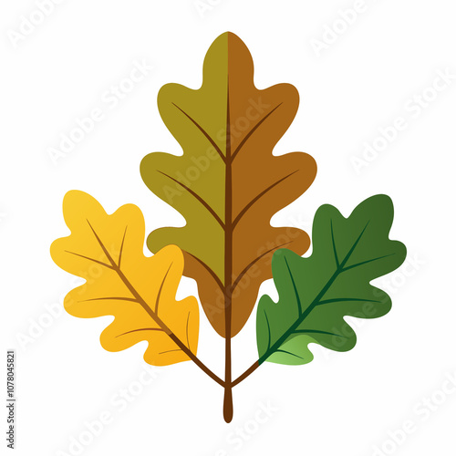 Oak leaves in green, yellow, and brown hues, representing different seasons. Ideal for nature and seasonal designs. Colorful oak leaves illustration in autumn and green shades
