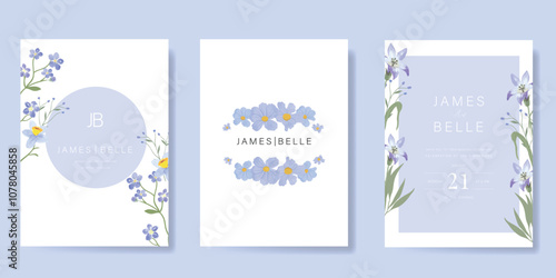 Elegant wedding invitation card background vector. Minimal hand painted purple and blue watercolor botanical flowers texture. Design illustration for wedding, vip cover, poster, rsvp modern card.