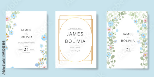 Elegant wedding invitation card background vector. Minimal hand painted purple and blue watercolor botanical flowers texture. Design illustration for wedding, vip cover, poster, rsvp modern card.