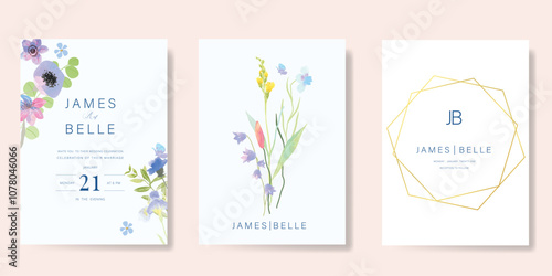 Elegant wedding invitation card background vector. Minimal hand painted purple and blue watercolor botanical flowers texture. Design illustration for wedding, vip cover, poster, rsvp modern card.