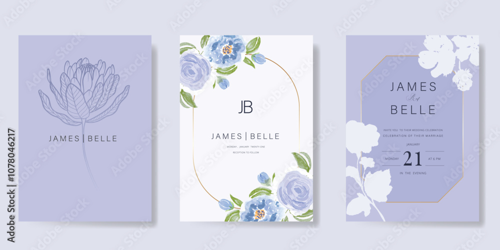 Elegant wedding invitation card background vector. Minimal hand painted purple and blue watercolor botanical flowers texture. Design illustration for wedding, vip cover, poster, rsvp modern card. Elegant wedding invitation card background vector. Minimal hand painted purple and blue watercolor botanical flowers texture. Design illustration for wedding, vip cover, poster, rsvp modern card.