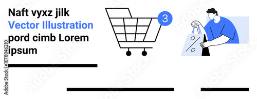 Shopping cart with 3 items indicator, person carrying shopping bags, and placeholder text. Ideal for e-commerce, online stores, retail websites, digital marketing, sales promotions, user experience