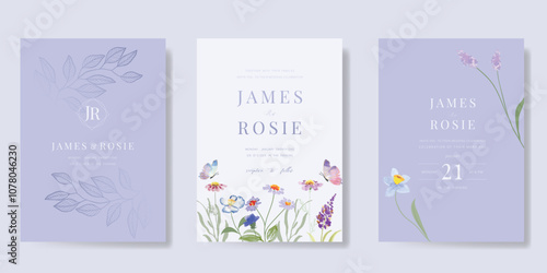 Elegant wedding invitation card background vector. Minimal hand painted purple and blue watercolor botanical flowers texture. Design illustration for wedding, vip cover, poster, rsvp modern card.
