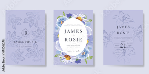 Elegant wedding invitation card background vector. Minimal hand painted purple and blue watercolor botanical flowers texture. Design illustration for wedding, vip cover, poster, rsvp modern card.