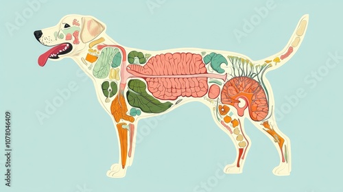 A detailed anatomical illustration of a dog's internal organs, showcasing a variety of colors and intricate details. photo