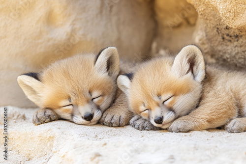 Cute baby wolf cubs sleeping in the sand, adorable foxes sleeping, close-up photo of happy young animals sleeping in a desert cave, wildlife photography. photo