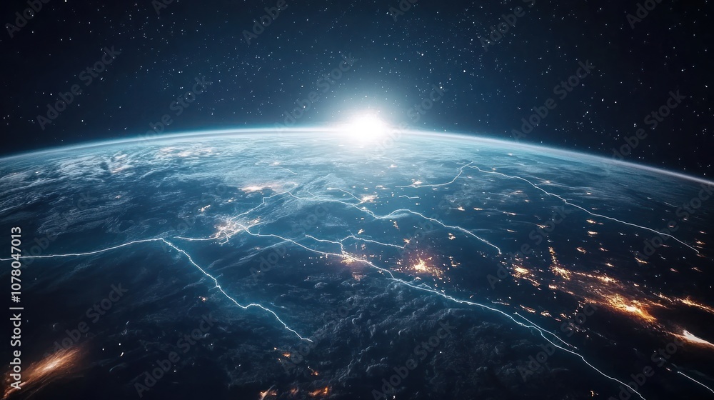 Obraz premium A stunning view of Earth from space, highlighting cities and natural features at sunrise.
