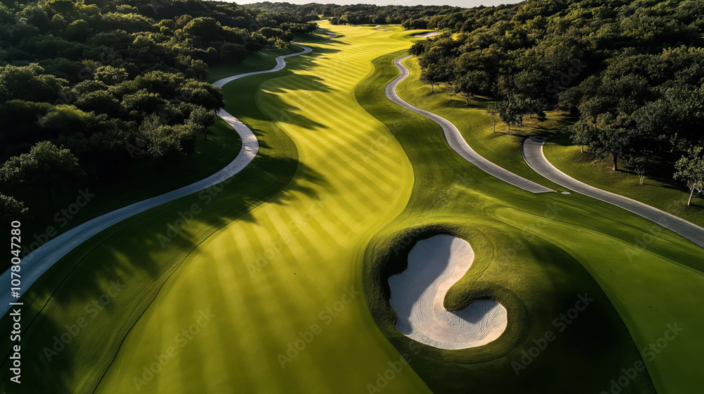 Aerial view of a lush golf course with manicured fairways, sand bunkers, and surrounding trees casting shadows in late afternoon sunlight.